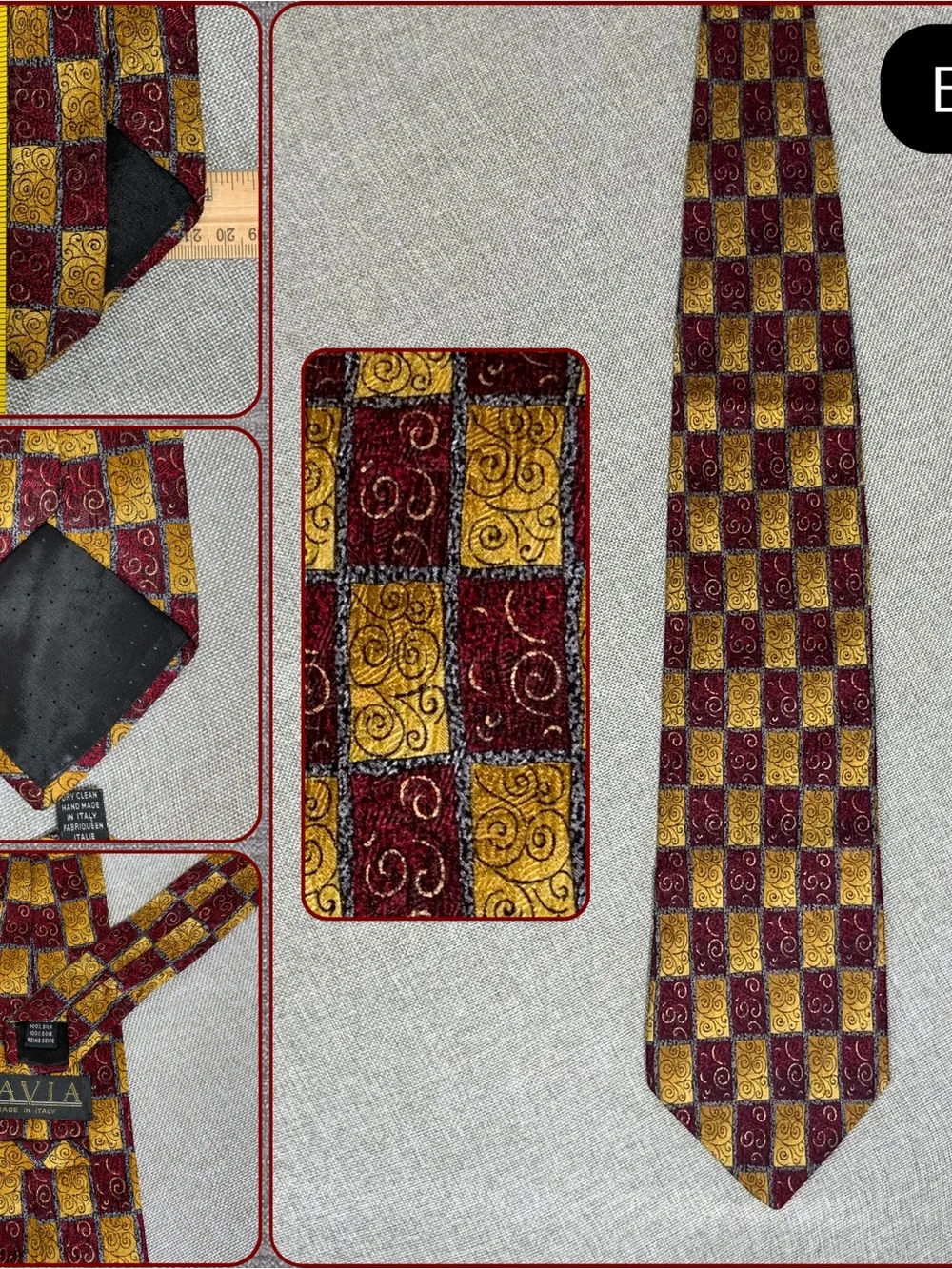 Silk Necktie Made in Italy - Burgundy Gold Checkered